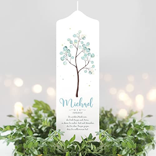 Wandtattoo Loft Taufkerze + Patenkerze Junge Motiv Lebensbaum pastell, 25 cm x 7cm, personalisierte Kerze, bedruckte Kerze zur Taufe, Stumpenkerze, individuelles Taufgeschenk