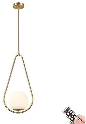 KEFA Modern Wireless Battery Operated Pendant Light, Non Hardwired Indoor Remote Mid Century Hanging Light with Dimmable Bulb, White Globe Glass Fixture for Kitchen Island Dining Room Bedroom Bar Hall