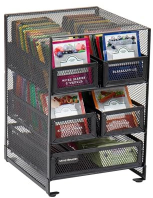 Mind Reader Network Collection, 5-Compartment Tea Organizer, 120 Tea Bag Capacity, Countertop Organizer, Metal Mesh, Black