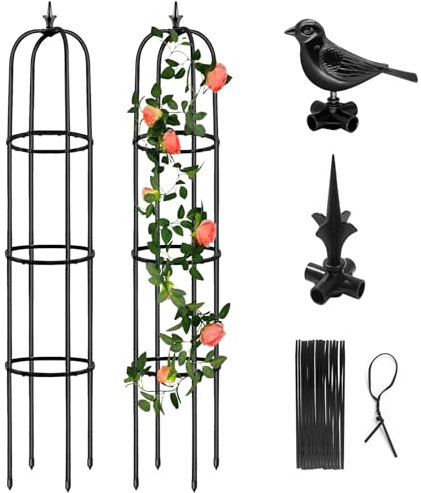 MQUPIN Obelisk Rankhilfe Garten Tower Rosen Rankhilfe 2X150cm, Abnehmbar U-FöRmige Himbeeren Rankhilfe, Metallkern Rustproof Obelisk Rankturm mit 60*Pflanze Clips Indoor Outdoor Trellis Vegetable