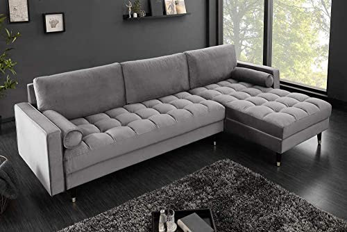 Ecksofa 260cm Ottomane beidseitig Comfort grau Samt Federkern Design Elegant 3er-Sofa Lounge