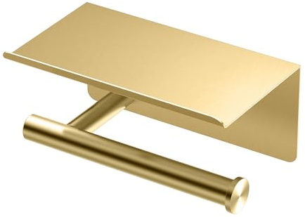 Gatco 1420B Latitude II Toilet Paper Holder with Mobile Shelf, Brushed Brass/Wall Mounted 7 Toilet Tissue Holder with Cell Phone Storage Shelf for Bathroom