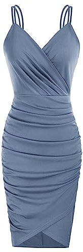 Robe Crayon Cocktail Col en V Cache Coeur Vintage Robe sans Manche Ourlet Irrégulier Plissée Grande Taille Gris Bleu -2 XXL
