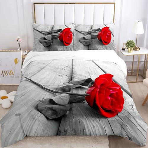 TULTOAP 3D Rot Rose Bedruckte Bettwäsche Sets, Romantische Rose Blume Bettbezug Rose Bettwäsche für Mädchen Erwachsene Schlafzimmer Dekoration (Rose 5,200 x 200 cm)