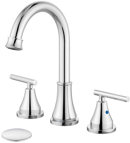 Cinwiny Breiter Badezimmer-Wasserhahn mit 3 Löchern, 20,3 cm, Waschbeckenarmatur mit Pop-Up-Ablauf- und Zuleitungen, zwei Griffen, Edelstahl, poliertes Chrom