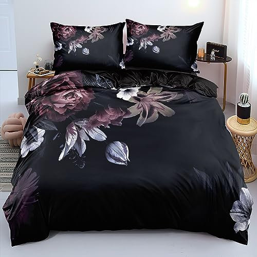 Bettwäsche 135x200 4teilig Blumen Schwarz Rot Lila Vintage 3D Blüten Pflanzen Bettwäsche Set Orientalisch Geblümt Floral Blümchen Microfaser Bettbezüge Paare 135 x 200 Einzelbett Set Bettdecke