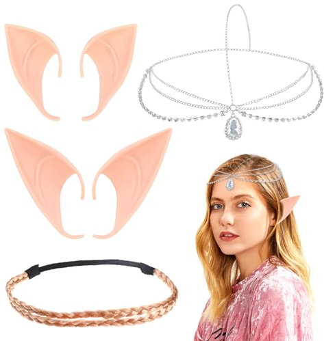 Capgoost Elfenohren Set, 2 Paar Pixie Ears, Elfen Ohren Schmuck mit 2 Kopfkette Prinzessin Krone Stirnband, DamenElfen Kostüm Zubehör, Fee Pixie Elf Ohren Latex Fairy für Halloween Karneval Cosplay