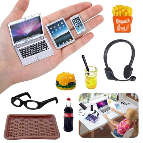 SPERMUOY Wichtel zubehör Miniatur Laptop,12 Stück Miniatur Wichtel Zubehör,Simulation Metall Laptop Handy und Tablet, Mini Brille Hamburger Cola Pommes Getränke Tablett