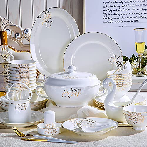 Service de Table 60 pièces en Porcelaine Blanche avec Bols à céréales Ronds, Assiettes et marmite à Soupe pour 12 Personnes, Passe au Micro-Ondes et au Four