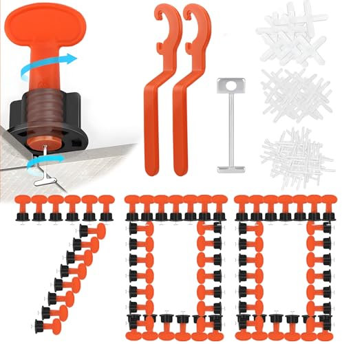 700-Teiliges Fliesen Nivelliersystem Set, Mit 100 Fliesen Keile Wiederverwendbare 200 Stk von 1mm/2mm/3mm Fliesenkreuze 50 Ersatz-Stahlnadeln und 2 Schlüssel für Wand Decken Bodenfliesen