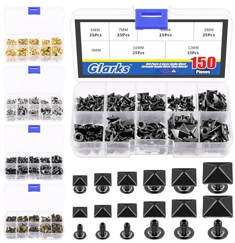 Glarks 150Pcs Gun Spike Niete, 6mm 7mm 8mm 9mm 10mm 12mm Pyramide Rapid Nieten Studs Quadratische Punk Spikes Lederhandwerk Dekoration für Kleidung Gürtel Taschen Schuhe