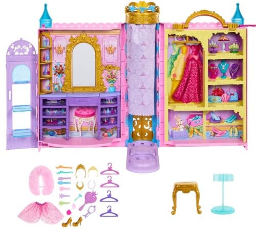 Mattel Disney Prinzessin-Schrankspielset mit 2 Kleidungsstücken, 25 Zubehörteilen, Frisiertisch, Ankleidezimmer, Laufsteg und Aufbewahrung, erweiterbar auf bis zu ca. 60 cm, vom Film inspiriert HXC20