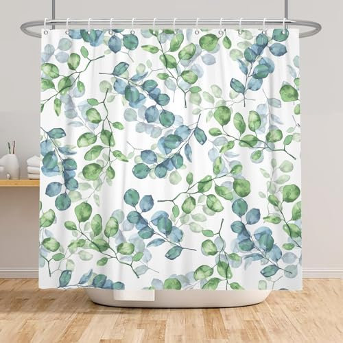 Bovlleetd Teal Blue Leaves Duschvorhang Natur Hübsche Pflanze Aquarell Sukkulente Botanische Eukalyptus Blatt Dekorative Duschvorhang für Badezimmer (Grün & Blau) Wasserdicht 183x183cm