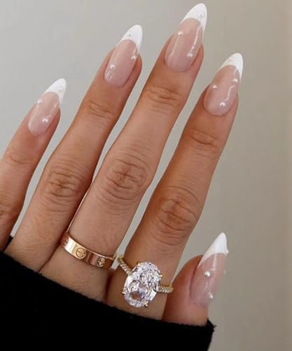 24PCS Short False Nails with Glue Stickers, Almond Full Cover Acrylic Press on Nails no Glue,White Diamond French Fake Nails for Women and Girls Nail Art