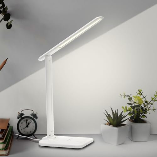 LQWELL® Schreibtischlampe LED, 3 Farbtemperaturmodi und 9 Helligkeitsstufen Flimmerfreie Augenschutz Nachttischlampe USB-Aufladung Touch-Steuerung und Speicherfunktion für Büros Schlafzimmer