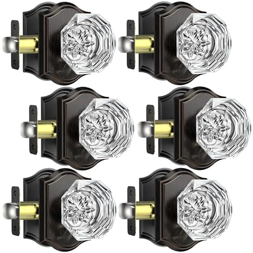 Calzibeno Crystal Door Knobs, Oil Rubbed Bronze Privacy Door Knobs, 6 Pack | Diamond Glass Door Knobs Interior with Lock, Zinc Alloy Glass Doorknobs for Bedroom Bathroom, Antique Vintage Door Knob Set