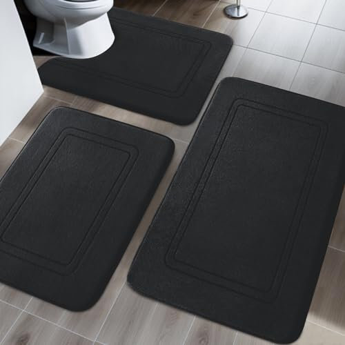 chakme Badezimmerteppich Set 3 Teilig, Weiche Memory-Schaum Badematte und U Förmige wc Vorleger, Badteppich rutschfest Waschbar Badvorleger Set Schwarz