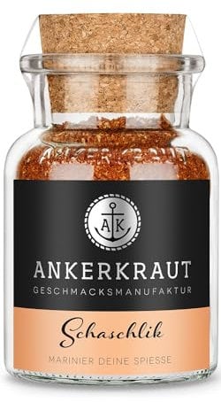 Ankerkraut Schaschlik, Marinade für Fleischspieß, Rind-, Lamm- und Schweinefleisch würzen, Grill oder Pfanne braten, Gemüse-Spieß, 70 g im Korkenglas