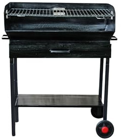 Barbecue a Legna e Carbonella in Ferro, con Ruote, Regolabile su 2 Altezze, Griglia in Acciaio (70x38 cm)