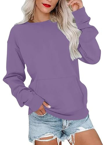 PLOKNRD Donna Felpa con Tasche Leggera Senza Cappuccio Maglia Tempo Libero Sport Basic Casual Style(Viola,L)
