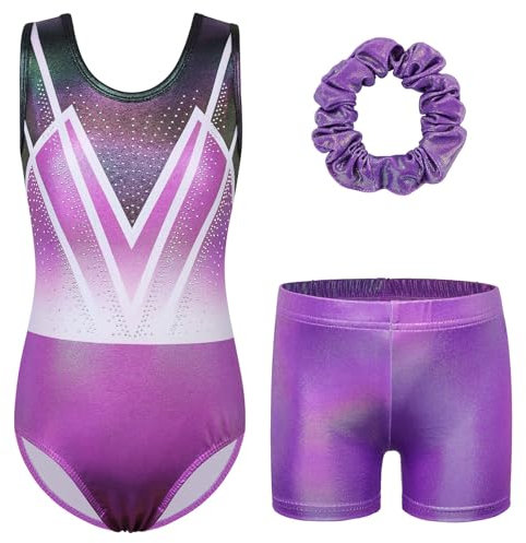 ZNYUNE Mädchen Turnanzug mit hose Haarband Set gymnastikanzug Kinder Shorts trikot turnen Ärmellos/Langarm Kleidung klassisch Turnbody B293 BlackPurple 10A