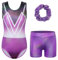 ZNYUNE Mädchen Turnanzug mit hose Haarband Set gymnastikanzug Kinder Shorts trikot turnen Ärmellos/Langarm Kleidung klassisch Turnbody B293 BlackPurple 10A