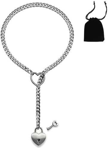 Lust Chain Necklace, Stainless Steel O-Ring Slip Chain Choker for Women, Lariat Y-Heart Lock and Key Necklace, Adjustable Punk Rock Cuban Long Jewelry (Silver Heart-Shaped With Key)