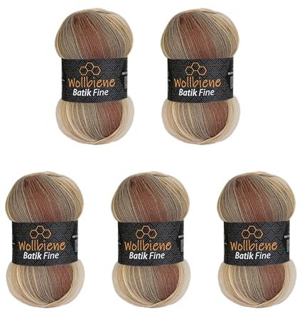 5 x 100g Wollbiene Batik Fine 500 Gramm Wolle mit Farbverlauf mehrfarbig Multicolor Strickwolle Häkelwolle (5020 braun beige)