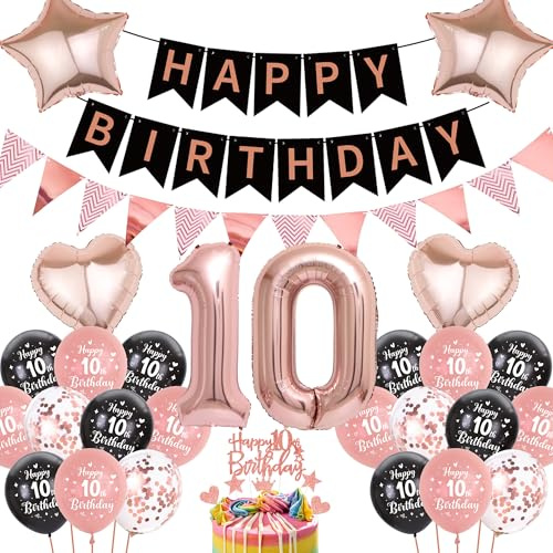 Luftballon 10. Geburtstag Roségold mädchen - Happy Birthday Banner, Wimpel Girlande, Riesen Folienballon Zahl 10, Tortendeko, Herzen, Sterne Folienballon, Paillettenballons
