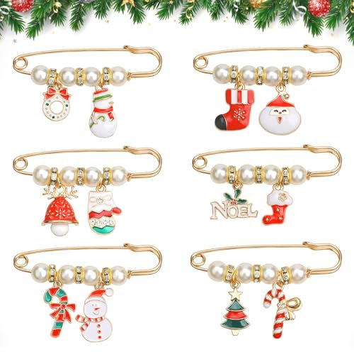 Kiiwah Lot De 6 Broches de Noël, Métal Pins Noel Avec Perles Strass, Badge Noel pour Vêtements Accessoires Adulte Enfant (Or)