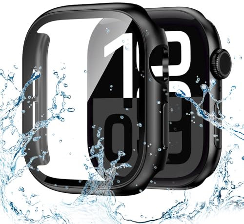 Kamita Wasserdicht Hülle Kompatibel mit Apple Watch Serie 10 42mm, Härte PC Bumper Case mit 9H Displayschutz aus Gehärtetem Glas, Stoßfest Voller Körper Schutzhülle Gehäuse für iWatch10 42 (Schwarz)