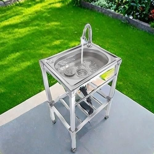 Freistehende Edelstahl Spültisch Mobile Garten Spültisch 1 Becken Küche Spültisch, Camping Spüle mit Warm- und Kaltwasserhähne für Drinnen Und Draußen,Restaurant,Garten