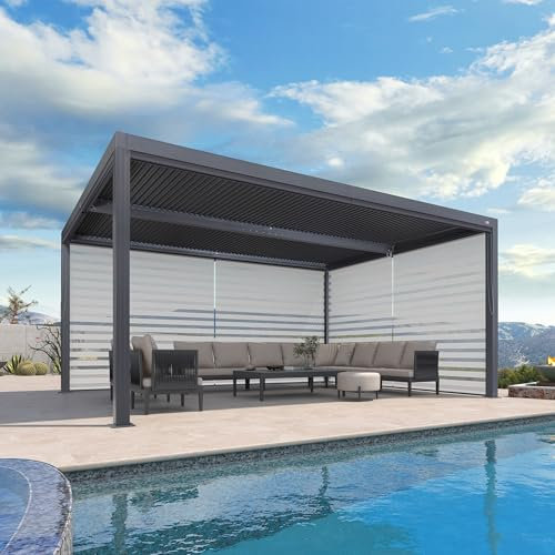 PURPLE LEAF Pergola Bioclimatique 4,8 x 3,68 m Pergola Aluminium avec Stores Enrouleurs des Deux Côtés Tonnelle de Jardin Lames Orientables Pergola Jardin Extérieur, 1 Côté Long et 1 Côté Court, Gris