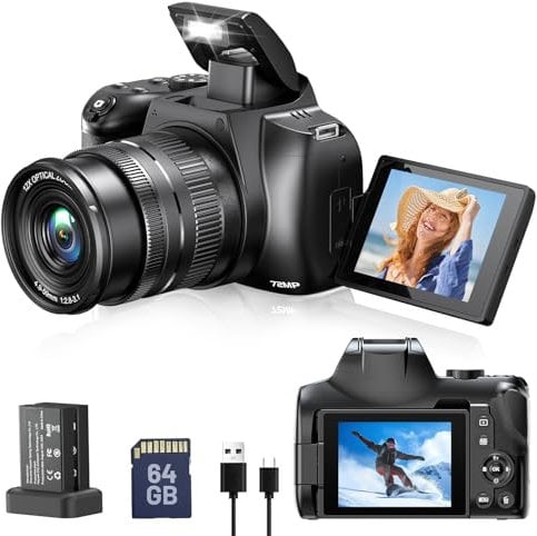 4K Photography Digital Camera 12X Optical Zoom 3 270° Flip Screen Xenon Flash, 72MP Vlogging Camera for YouTube Photography Beginners with WiFi & HDMI, Anti-shake, 64GB SD Card, 2 Batteries