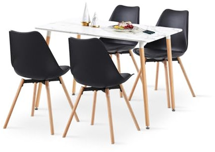 LafeuR Esszimmergruppe Esstisch mit 4 Stühle Essgruppe, 110cm Rechteckig Küchentisch und 4er Set Esszimmerstühle für Küche Esszimmer Wohnzimmer (Marmor Tisch+4 Schwarz Stühlen)