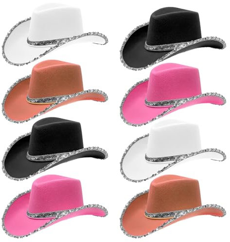 TESIN 8 x Cowboyhüte mit Pailletten – Glitzernde Western-Cowgirl-Hüte für Damen, ideal für Karneval, Junggesellinnenabschiede, Geburtstagspartys & Fasching