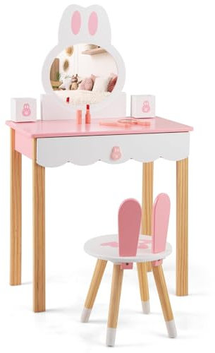 COSTWAY Kinder Schminktisch mit Hocker, Prinzessin Schminkkommode Frisiertisch mit Spiegel Schubladen & Aufbewahrungsbox, Frisierkommode für Mädchen Kinder (Rosa)
