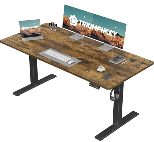 TRIUMPHKEY Height Adjustable Electric Standing Desk 130 x 60cm with Memory Smart Pannel Sit Stand Desk with Backpack Hook Stand Up Study Table Work Table for Home Office(Rustic Brown)