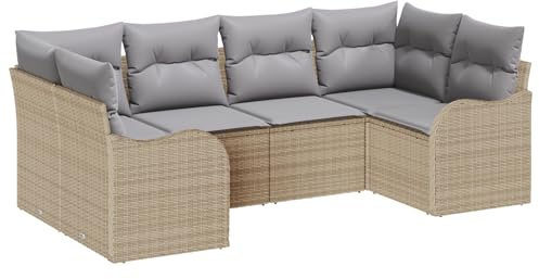 vidaXL 6-teiliges Garten-Sofa-Set mit Kissen in Beige und Hellgrau. Handgewebte Outdoor-Möbel, modulares Terrassensitzmöbel mit abnehmbaren Bezügen. Perfekt für gemütliche Lounge-Treffen im Garten.