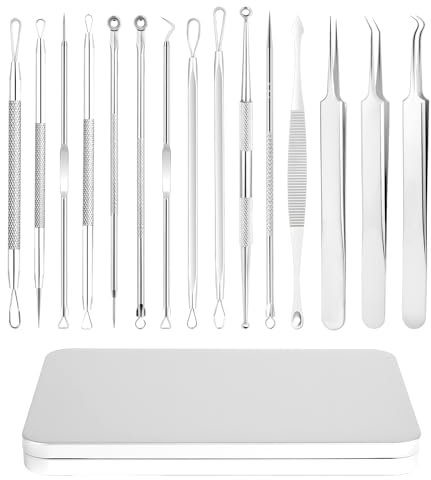 LOPHE Puntos Negros Kit, 15 Piezas Herramientas para Eliminar Espinillas, Extractor de Puntos Inoxidable, Removedor de Comedones, Blackhead Remover, Extracción de Acné Profesional con Pinzas (Plata)