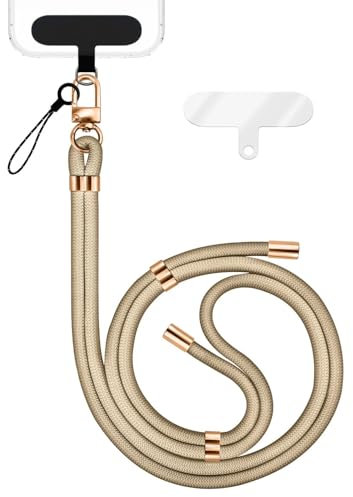 NALIA HoldMe Universal Handykette für Smartphone & Handyhüllen, Nylon-Seil Verstellbar & Abnehmbar, Umhänge-Band, Handyband, Lanyard mit Karabiner (gold) & 2 Patches, Farbe:Beige