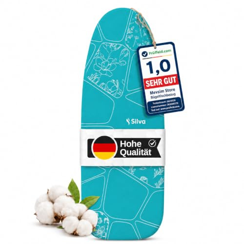Silva Bügelbrettbezug 117x37 cm – 100% Baumwolle mit 5 mm Schaumstoff – Thermoreflexion, Rutschfest & Pflegeleicht – Für Dampfbügeltisch, Dampfbügelstation & Bügelbrett Universalgröße – Türkis (M)