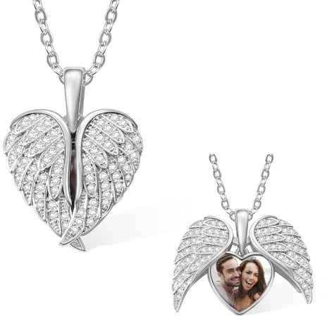 GSTFY Personalised Angel Wing Lockets Necklace for Women Cubic Zircon Heart Shape Custom Necklace With Photo Inside Memorial Jewelry Birthday Gifts For Her Mother