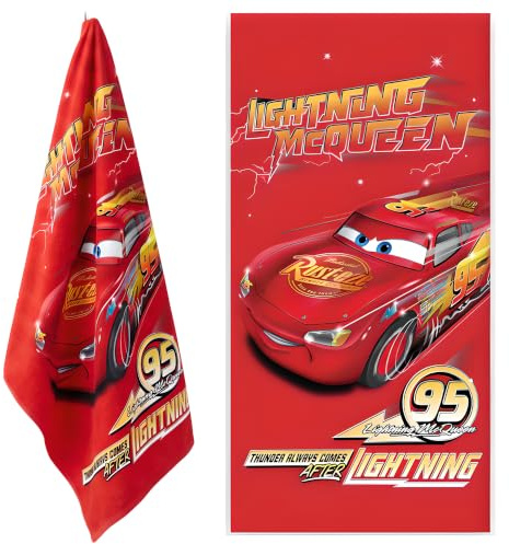 BrandMac Disney Cars Lightning McQueen Strand- und Badetuch 70x140cm, 100% Baumwolle | Weiches & saugfähiges Bade- und Schwimmtuch für Kinder | Offizielles Disney Cars Handtuch | Ideal für Strand, Bad