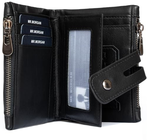 MR.MORGAN Portefeuille Homme, Porte Carte Homme, Porte Monnaie Homme en Cuir Véritable Noir, RFID, Jusqu’à 15 Cartes, Ancienne CNI, Porte-Cartes Amovible, Monnaie Zippée, Boîte Cadeau