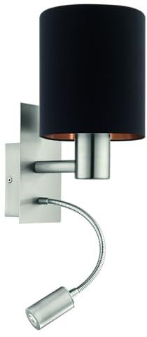 EGLO Wandlampe Bett Pasteri Textil Wandleuchte | Schlafzimmer mit LED Leseleuchte, Leselampe Wandmontage aus Metall in Silber und Stoff in Schwarz und Kupfer, E27 Fassung