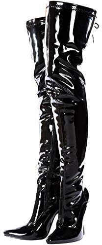 Damen Stiefel, sexy, oberschenkelhoch, kniehoch, Stiletto-Absatz, durchgehender Haken, Schnürung und seitlicher Reißverschluss, Größe 37-47, schwarzer lack, 5 UK