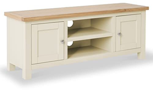 Farrow Cream 120cm Large TV Unit for Living Room | Roseland Furniture Fully Assembled Painted Solid Wooden Television Cabinet Stand with Oak Top | Suitable for TVs up to 54 inches