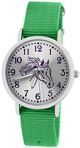 Pacific Time Kinderuhr Mädchen Pferdeuhr Armbanduhr analog 5 ATM | Violetter Pferdekopf, Sunray-Zifferblatt, fluoreszierende Zeiger, 5 ATM wasserdicht, Mineralglas, Nylonarmband 16 mm