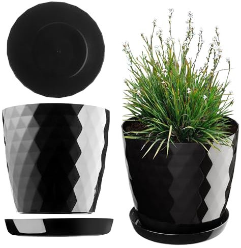 KADAX Maceta para Flores, Maceta con Base, Maceta de plástico para Interior, Macetero Redondo, Maceta Decorativa, Maceta Moderna Interior, 12 cm, Negro